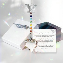 ChilArt Hanging Crystal Suncatcher Ornament,Butterfly Suncatcher with Heart Charm,Hanging Butterfly Ornament for Window Rainbow Maker,Birthday Gifts for Women,Friendship