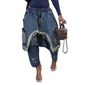 Quzzion Women's Denim Harem Pants Elastic High Waisted Ripped Drop Crotch Jeans Baggy Stretchy Distressed Wide Leg Jeans