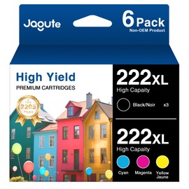 Jagute 222XL for T222 Remanufactured Ink Cartridges Compatible woks with Latest Upgrade Chip for XP-5200 WF-2960 Color Inkjet Printer High Yield Capacity 222 (3BK/C/M/Y Total 6Pack)