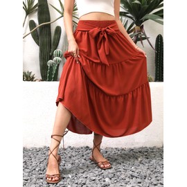 DEVIHARRIS Womens Summer Boho Maxi Skirt Tie Knot Elastic High Waisted Trendy Flowy Beach Long Skirts with Pockets Caramel