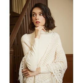 BEAUTELICATE Women Knit Shawl Wrap Triangle Fringe Scarf Elegant Crochet Cape Cardigan For Spring Autumn Winter Gatsby Evening Christmas Birthday Gift, Cream White