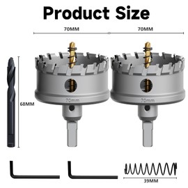 METOTY 2 x 70 mm hole saw metal, carbide hole saw, carbide drill bit, with an additional nitrided step guide drill and L-wrench, for steel, iron, aluminium, metal
