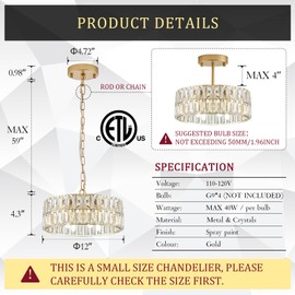 CATINER Small Gold Crystal Chandeliers, Modern Semi Flush Mount Chandelier 4-Light Drum Crystal Ceiling Pendant Light Fixture 12” for Foyer Entryway Kitchen Hallway Dining Room