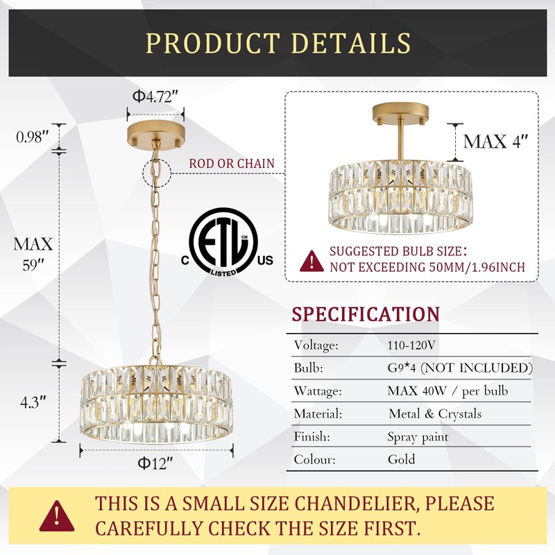 CATINER Small Gold Crystal Chandeliers, Modern Semi Flush Mount Chandelier