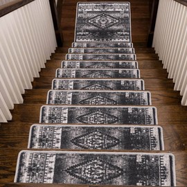 Benissimo, 13+1 Stair Treads Carpet with Landing Slip Resistant Stair Rugs, Set of 13 (9"x32") + 1 (31"x31") Runner for Indoor Wooden Steps, Printed Design, Dark Stonish