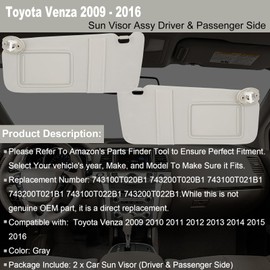NHILES Driver & Passenger Side Sun Visor Replacement Fits for Toyota Venza 2009-2016 Sunshade 743100T021B1 743200T021B1 Color: Gray