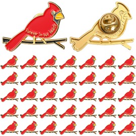 Misdary 50 Pcs Memorial Cardinal Sign Pins Christian Funeral Pins Forever in Our Hearts Red Cardinal Memorial Alloy Brooch Metal Funeral Cross Favors for Mourning Remembrance Day