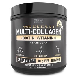 Premium Multi Collagen Peptides Protein Powder (1, 2, 3, 5 & 10) with Vitamin C, Biotin, Hyaluronic Acid, for Hair Skin and Nails - Marine, Bovine, Chicken & Eggshell (Vanilla, 45 Servings)