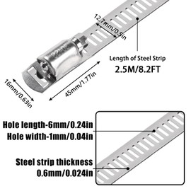 2.5 m Hose Clamps Endless 304 Stainless Steel Adjustable Hose Clips with Screw Clamp 6 Pieces for Water Pipe/Tank/Gas Pipe/Cooler/Automotive Tubing