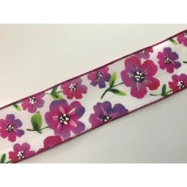 Decorative Ribbon White with Fuchsia Pink Flowers Ribbon, 2.5 Inches Wide, Wired Edge, 5 YARDS