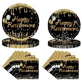 SKTMH 72Pcs Retirement Plates and Napkins Set Black and Gold Happy Retirement Party Supplies Disposable Tableware Set for Women Men Farewall Party Decorations, Serves 24 (B)