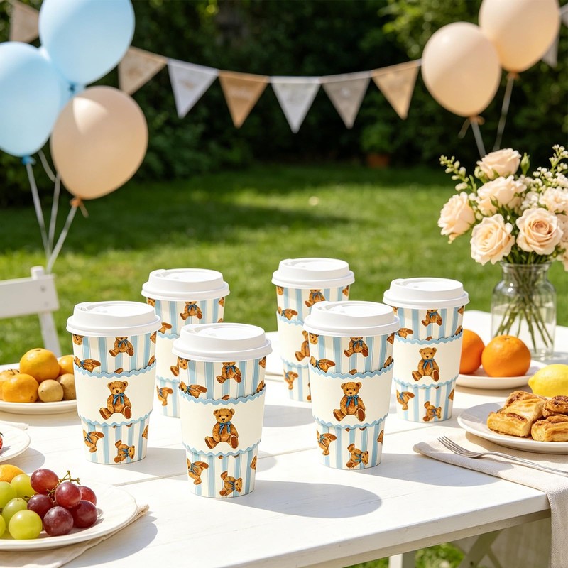 50 Sets Bear Coffee Cups with Lids Sleeves 16 Oz