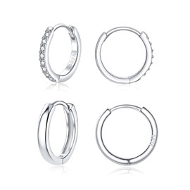 Deyanse Silver Hoops Earrings for Women, 925 Sterling Silver Hoop Earrings Set with Cubic Zirconia, 2 Pairs Small Sleeper Unisex Huggie Earrings, 12mm White Gold Plated Earring Set
