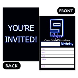 SHLINCO Neon 9th Birthday Invitation, Blue Neon Birthday, Nineth Birthday, Invitation for Boy(20 Cards with 20 Envelopes)