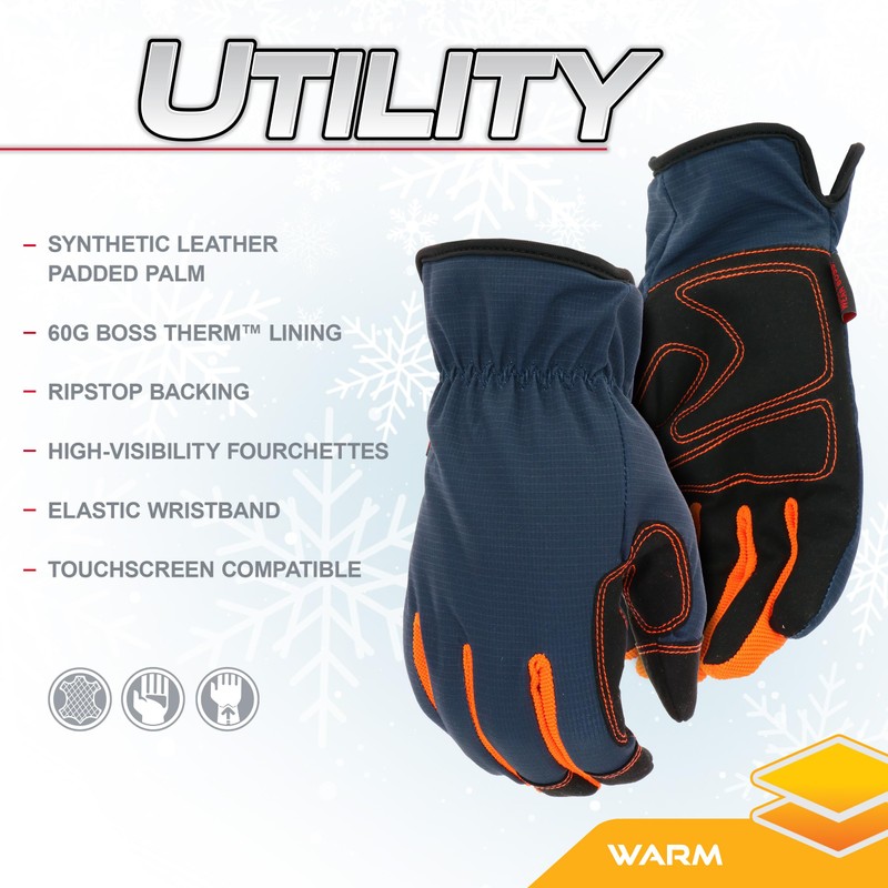 Boss Arctik Task Winter Work Gloves, Ripstop Backing, 60g Boss