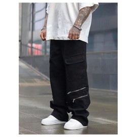 GORGLITTER Men's Stacked Wide Leg Cargo Pants Baggy Y2K Elastic Drawstring Trouser Street Pants Black Large