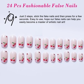 Ceboic 24Pcs Short False Nails Square, Nude Natural Press on Nails French Pink Tip Cute Removable Fake Nails with Cherry Design, Acrylic Stick on Nails French Manicure Kit for Women Girls