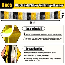 6 Pack 10 Feet Black Gold Silver Foil Fringe Garland Metallic Tinsel Streamers Banner Wall Hanging Curtain Backdrop for Parade Floats, Christmas, Valentine's, Thanksgiving, Birthday Party Decorations
