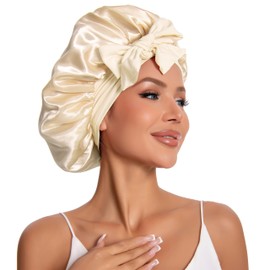 Silk Bonnet for Sleeping Women, Double Layer Satin Lined Hair Bonnet, Sleep Cap with Elastic Tie for Natural & Curly Hair(Champagne)