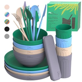 Wheatstraw Dinnerware Set for 4 - Camping Dishes & Utensils - Microwavable Plates - Alternate To Plastic Plates And Bowls - Camping Kitchen Set - Rv Dinnerware - Wheat Straw Dorm Dishes