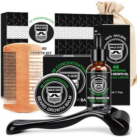 MALE GOD Kit de crecimiento de barba con ingredientes naturales, aceite de barba, bálsamo y peine, aceite de crecimiento de barba con biotina engrosan