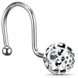 Chictie Silver Shower Curtain Hooks - Oil Rubbed Chrome Decorative Shower Curtain Rings,Set of 12 Bling Metal Rustproof Shower Hangers for Bathroom Curtains Rods Hollow Ball Design