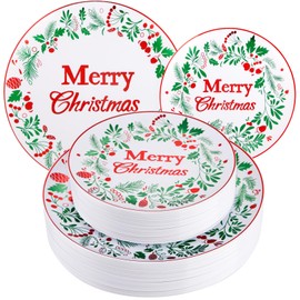 Supernal 60pcs Christmas Plastic Plates -Green and Red Plastic Plates with Berry and Holly Leaves Pattern Christmas Disposable Plates Include 30 Christmas Dinner Plates and 30 Christmas Dessert Plates