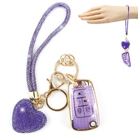YIKECASE Key Fob Cover with Diamond Keychain for Women, Car Key Shell Compatible with Chevy Cruze Camaro Malibu Equinox Impala GMC Buick Encore Regal Flip Folding, 5 Buttons (Purple-Wrist Rope)