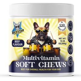 Rockstar Pet Supplements Multivitamin Soft Chews for Dogs | Beef Flavour | Daily Hip & Joint, Skin & Coat, Gut Health Support with Glucosamine, Probiotics, Vitamins & Omega-3 | All-in-One Supplement.