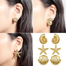 JewelryWe Boho Strand Ohrringe Gold: 3 Paar Edelstahl Seestern Muschel Conch Schnecke Ohrstecker Set Damen Sommer Statement Ohrringe Meer Schmuck Sommer Urlaub Accessoires