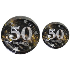 Serves 30 Complete Party Pack | Happy 50th Birthday 9" Dinner Paper Plates 7" Dessert Paper Plates 12 oz Cups 3 Ply Napkins 50th Birthday Party Theme