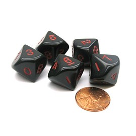 Koplow Games Set of 5 D10 10-Sided 20mm Opaque RPG Dice - Black with Red Numbers