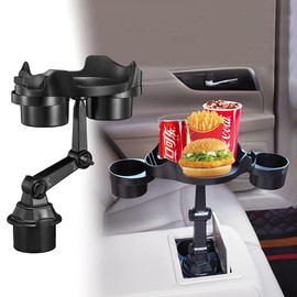 JSCARLIFE Car Cup Holder Expander with Tray, Multi-Functional Phone Slot,360 Rotation Detachable Tray Table Adjustable Base, Car Food Table for Most Cup Holders