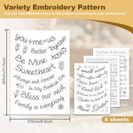 DOODLREAM 45Pcs English Phrases Water Soluble Hand Sewing Stabilizers, 21 x 29.7cm Motivational Sentences Embroidery Pattern Stabilizer, 4 Sheets Family Words Stick and Stitch Embroidery Paper Sticker