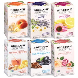 Bigelow Tea Benefits Wellness Teabag Variety Pack, Mixed Caffeinated Green Matcha & Caffeine-Free Herbal Tea, 18 Count Box (Pack of 6) 108 Tea Bags Total
