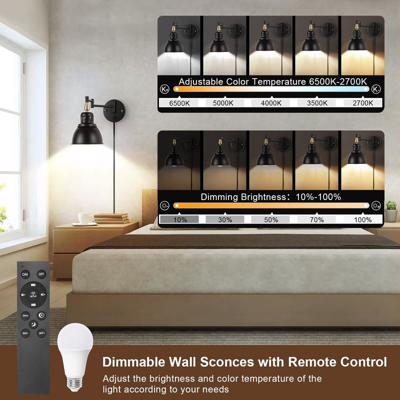 TRLIFE Wall Sconces Plug in, Remote Control Dimmable Wall Sconce