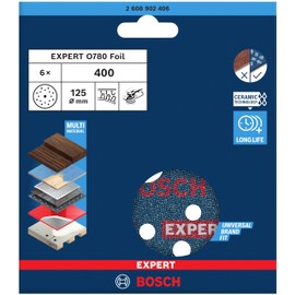Bosch 6 x Expert O780 Film Sanding Disc, 125 mm (for Hardwood, Paint on Wood, Diameter 125 mm, Grit 400, Professional Accessories, Random Orbital Sander)