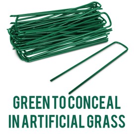 ADEPTNA Heavy Duty Green U-Shaped Garden Pins Securing Galvanised Metal Pegs For Artificial Grass Weed Fabric Landscape Netting Ground Sheets Fleece 15cm Powder Coated (PACK OF 50)