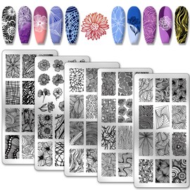 PH PandaHall 5pcs Line Texture Nail Art Stencils, 68 Patterns Flower Nail Stamping Plate Mix Design Nail Art Stencils Stainless Steel Nail Image Stencils for Nail Design Print Manicure Salon Spring