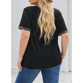 Eytino Women Plus Size Tshirts Summer Loose Striped Short Sleeve V Neck Pocket Blouse Tops,2X Black