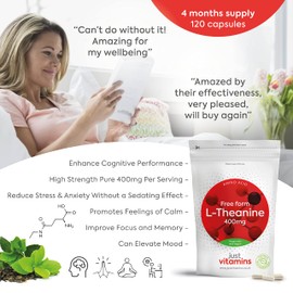 L-Theanine 400mg - x120 High Strength Vegan Capsules (4 Month Supply) GABA Alternative, Brain Power Nootropic L Theanine Supplement - Non GMO, Caffeine Free, Made in UK by Just Vitamins
