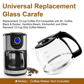 12-Cup Glass Carafe Replacement Pot for Mr Coffee, Black & Decker, Hamilton Beach, KitchenAid, Universal Coffee Maker Carafe Pot 12 Cup- 1.8L Coffee Pot with Handle & 3 Snap-On Caps in Different Sizes
