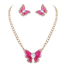 EVER FAITH Women's Jewellery Set Crystal Enamel Party Elegant Butterfly Statement Necklace Earrings Set Pink Gold Tone, Crystal