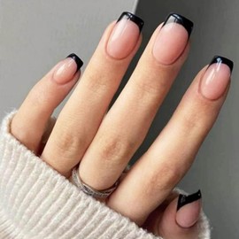 French Press On Nails, Pack of 24 Black French Artificial Nails, Pattern Square Nails for Sticking, Short, Full Cover Nail Tip Tips for Gel Nails, Fingernails, Fake Nails for Nails Art (Black Square)