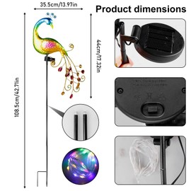 Solarlampen für Außen Garten, Metall Pfau Gartendeko mit Solar Pfahl Lichter, Pfau Gartenbeleuchtung Ständer Solarleuchten Lichterkette IP44 Wasserdicht für Rasen, Terrasse, Balkon & Wege