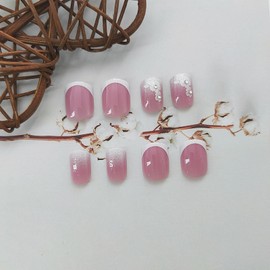 Square Press on Nails Short Fake Nails with Flower Rhinestones Designs White French Tip Nails Press ons Light Pink Acrylic Nails Glossy Glue on Nails Daily Wear Natural Stick on Nails for Women 24Pcs
