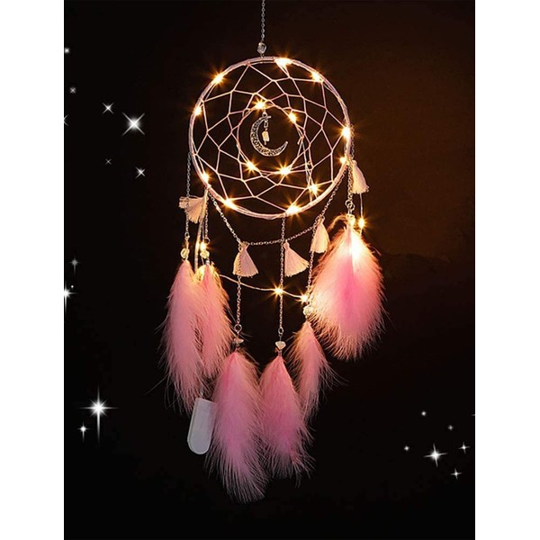 Nice Dream Pink Dream Catchers, Room Nursery Decor for Girls Boys, Handmade Feather Wall Decor with Lights, Home Ornaments Craft Gift for Bedroom