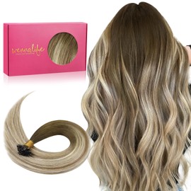 Wennalife U Tip Hair Extensions Real Human Hair, Ombre Walnut Brown to Ash Brown and Bleach Blonde 50g 16Inch 50 Strands Hot Fusion Keratin Hair Extensions, Straight