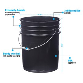 Consolidated Plastics 5 Gallon Black Food Grade Buckets + Gamma Seal Lids, BPA Free Container Storage, Durable HDPE Pails, Made in USA (3 Pack)