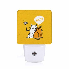 LED Night Light,Two Cats Making Photo Use Selfie Stick LED Night Light Plug into Wall with Dusk to Dawn Light Sensor White Energy Efficient Nightlight for Bedroom Bathroom Hallway Living Room Kitchen